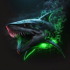 a shark with green and red lights on it's face