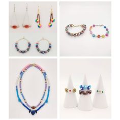 four different types of beaded jewelry are shown in multiple pictures, including earrings and bracelets