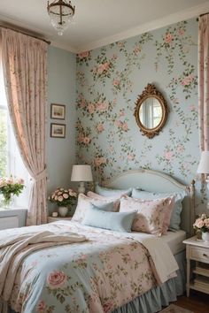 a bedroom with blue walls and floral wallpaper