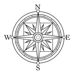 a black and white compass with the letter s in it's center, on a white background