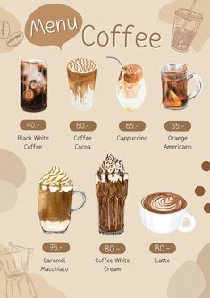 a menu with different types of coffees and drinks on it, including latte or cappuccino