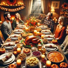 a group of people sitting around a table with food and candles on it for a thanksgiving dinner