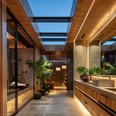 an indoor bathroom with skylights and potted plants on the countertop in front of it