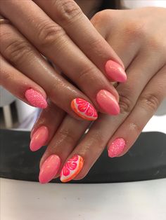 Trendy Summer Nails Almond, Tropical Fruit Nails, Nail Designs Almond Summer, Summer Gel Nails 2024, Pink Fruit Nails, Summer Nail Designs 2024 Almond, South Nails, 2024 Summer Nails Almond, Cute Nail Ideas Almond Shape