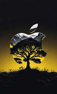 an apple logo is shown in front of a yellow sky with trees and mountains behind it