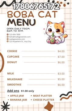 the menu for boba cat restaurant is shown in brown and white colors, with an image of a cat holding a drink