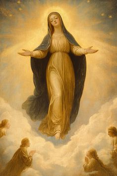 an image of the virgin mary in the clouds with angels around her and behind her