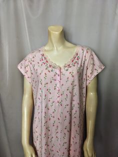 "Super soft and comfy full-length nightgown. Brand: VILLAGER -Liz Claiborne 60% COTTON, 40% Polyester. Short sleeves, lace, and button decor. Pink nighty with mini red roses pattern. Size: M Shoulder: 16\" Bust: 21\" Length: 50\" New condition. Excellent gift. Thank you for visiting my store. You can also visit my AmazingClosetShop or http://jewelryandclothing.net/" Pink Summer Tops For Overnight, Pink Floral Print Tops For Pajama Party, Pink Sleepwear For Spring, Pink Summer Sleepwear For Overnight, Spring Pink Nightgown For Pajama Party, Feminine Pink Nightgown For Bedtime, Pink Casual Nightgown For Sleepover, Pink Short Sleeve Nightgown For Pajama Party, Pink Short Sleeve Sleepwear For Spring