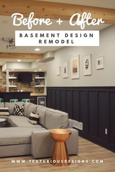 the before and after basement design remodel is shown in this living room photo