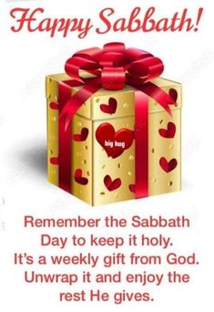 a card with a gift wrapped in red ribbon and a message that says, happy salbath