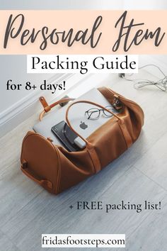 a purse with the text personal item packing guide for 8 days