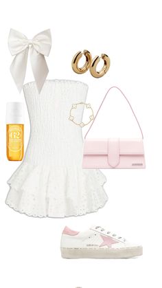 a white dress and shoes with accessories