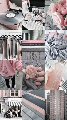 a collage of pink and grey images with flowers, clothes, laptops and other items