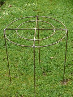 a metal stand with four circles on it in the grass