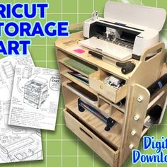 the cricut storage cart is made from wood and has drawers for sewing supplies