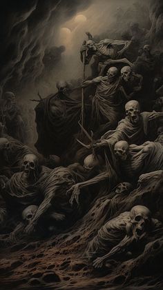 a group of skeletons are in the middle of a pile of dead people on a hill