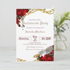 a wedding card with roses and seashells on it