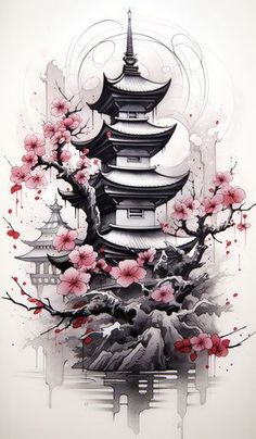 Temple Tattoo Design, Japanese Temple Tattoo, Calf Tattoo Ideas, Temple Tattoo, Samurai Tattoo Design, Mont Fuji, Geisha Art, Japanese Art Prints, Blossom Tattoo