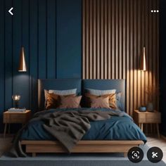 an image of a bedroom setting with blue walls and wood paneling on the wall