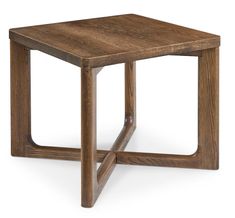 a wooden side table with two intersecting legs and a square shaped end table in the middle