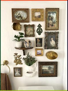 Framed Picture Wall Ideas, Rustic Farmhouse Gallery Wall, Interior Design Shelf Decor, Antique Frame Wall Ideas, Mix Media Gallery Wall, Gallery Wall Pictures And Art, Vintage Gallery Wall Bathroom, Gallery Wall Thrifted Frames, Large Empty Frame Ideas