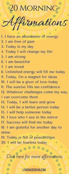 a yellow and black poster with the words 20 morning affirmations on it