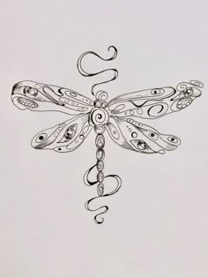 a drawing of a dragonfly with swirls and dots on it's wings