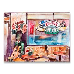 watercolor painting of central perks coffee shop with guitar and flowers in the window