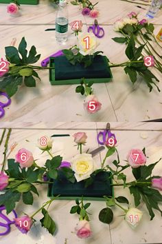 the instructions for how to cut flowers with scissors are shown in three separate images, one is green and the other is pink