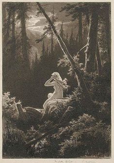 a drawing of a woman riding on the back of a horse through a forest at night