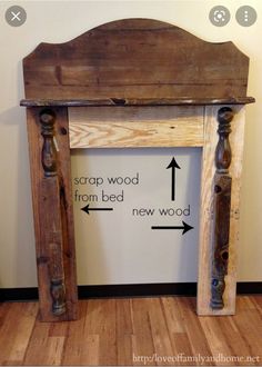 an old wooden table with arrows pointing to the top and bottom, in front of a white wall