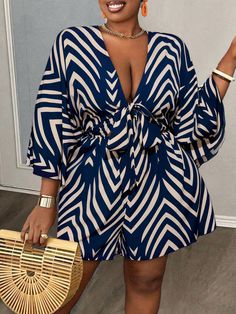 Plus Size Women Holiday Casual V-Neck Loose Printed Jumpsuit With Tie Belt Navy Blue Casual  Three Quarter Length Sleeve Woven Fabric Colorblock,Zebra Stripe,All Over Print Other Non-Stretch  Women Plus Clothing, size features are:Bust: ,Length: ,Sleeve Length: Plus Size Fashionista, Cami Romper, Valentine's Day Outfit, Plus Size Jumpsuit, Printed Jumpsuit, Style Mistakes, Kids Sleepwear, Batwing Sleeve, Plus Size Casual