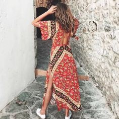 Red Floral Printed Boho Long Maxi Dress With Kimono Style Wide Sleeves And An Open Style Backside. Sexy Open Cut Out Style Waist. V-Neckline. Sizes Marked And Fit: Small: 2-4 Medium: 4-6 Large: 6-8 Red Boho Print V-neck Maxi Dress, Red V-neck Maxi Dress With Boho Print, Red Fitted Beach Dress, Red V-neck Beachwear Dress, Red Fitted Bohemian Dress, Fitted Bohemian Red Maxi Dress, Red Boho Dress For Summer Beach Cover-up, Fitted Red Maxi Dress For Beachwear, Red Fitted Beachwear Maxi Dress