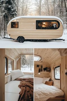 the interior and exterior of a tiny home in the woods