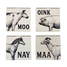 four coasters with animals on them and the words oink, moo, nav