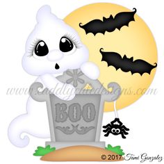 a halloween ghost with bats on it and a tombstone in front of a full moon