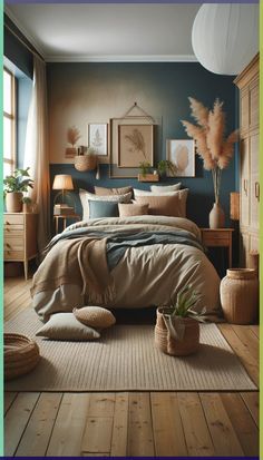 a bed room with a neatly made bed and two planters on the side of the bed