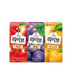 three packets of fruit juice with korean writing on the front and back covers in different colors