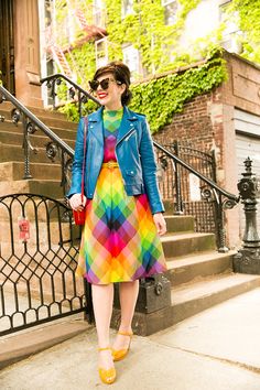 Girl Gang! - Keiko Lynn in a rainbow vintage dress, Coach blue leather motorcycle jacket, b.a.i.t. footwear heels from ModCloth, Kate Spade heart crossbody bag, and "Girl Gang" headband from ban.do Keiko Lynn, Rainbow Vintage, Rainbow Bag, Rainbow Outfit, Colorful Dress, Rainbow Fashion, Pride Outfit, Female Empowerment, Skirt Maxi