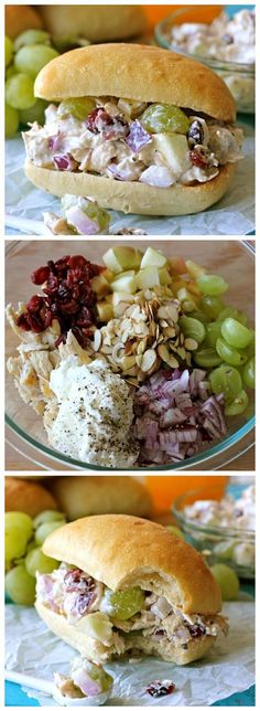 three different views of a sandwich on a plate with grapes, nuts and cranberries