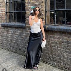 Mid Rise Satin Slip Midi Skirt With A Flowing Longline Midi Skirt, Simple Fluted Cut And Invisible Side Zip And Hook And Eye Closure. Fully Lined. Size Lera Is 5ft9.5 / 177cm And Wears Size S Composition 95% Polyester, 5% Acetate Satin Nlack Skirt, Satin Midaxi Skirt, Black Midi Party Skirt, Black Satin Midi Skirt Shoes, Satin Midi Skirt Shoes, Black Slip Midi Skirt, Because Of Alice, Barbara Martelo, Slip Midi Skirt