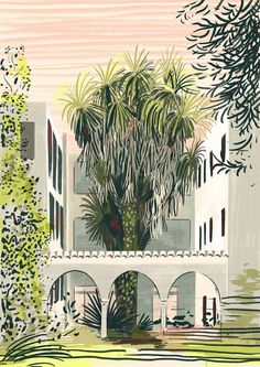 a painting of a building with palm trees