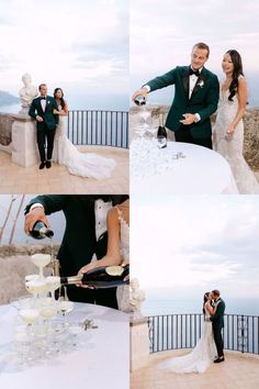 a bride and groom are pouring champagne at their wedding reception in front of the ocean