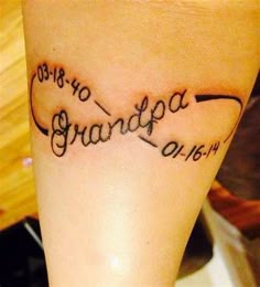 a woman with a tattoo on her leg that reads grandpa and has an arrow in the middle