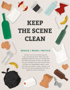 a poster with the words keep the scene clean and various garbage items in different colors