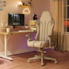 an office chair sitting in front of a desk with a computer monitor on top of it