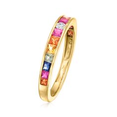 Ross-Simons - .69ct t. w. Multicolored Sapphire Ring, Diamond Accents in 14kt Yellow Gold. Size 9. Indulge in a ring of many colors so you have something for every outfit! Here, a rainbow of .69 ct. t. w. square multicolored sapphires and diamond accents decorate the 14kt yellow gold band. 1/8" wide. Multicolored sapphire ring. Diamond Anklet, Italian Gold Jewelry, Mixed Metal Bracelets, Pearl Bracelet Gold, Mixed Metal Rings, Pearl Strands Necklace, Pearl Anklet, Diamond Tennis Necklace, Mixed Metal Earrings