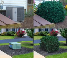 four different views of an air conditioner in front of a house with shrubs and flowers