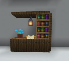 a computer desk with bookshelves and a lamp