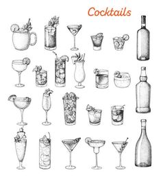 hand drawn cocktails and drinks set in vintage engraving style, isolated on white background